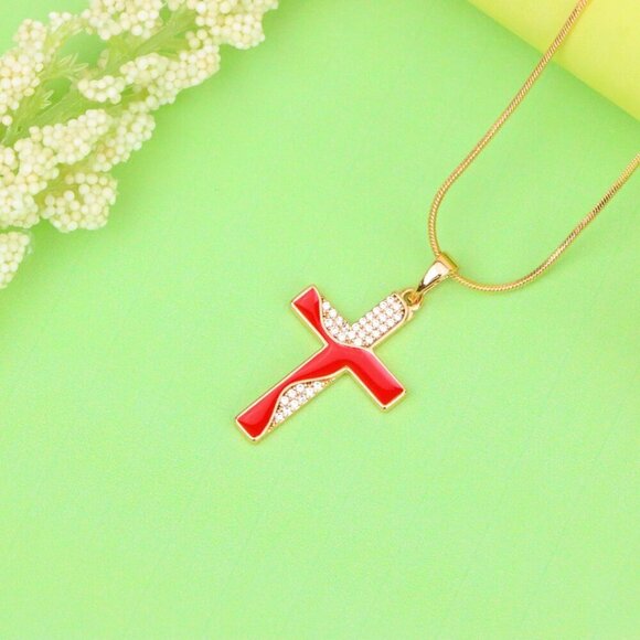 "Rose Gold Cross Pendant with Red Enamel and CZ Stone Detailing, XPPT1399 - Picture 2 of 13